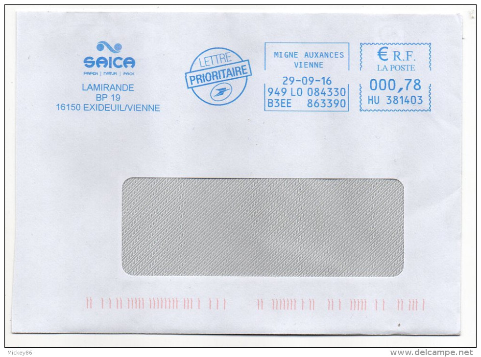 EMA Néopost  Pub SAICA--16-EXIDEUIL/VIENNE -machine N° HU 381403 Cachet MIGNE-AUXANCES  86 Date  29/09/2016 - EMA (Empreintes Machines à Affranchir)