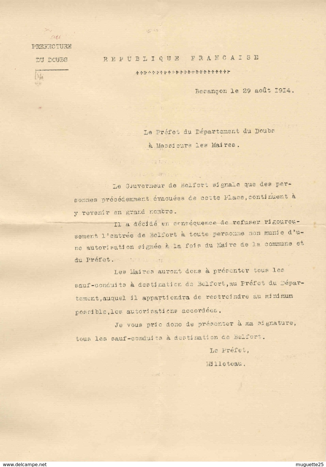 Circulaire De La Préfecture Du Doubs  Besançon Le 29 Aout 1914 - Décrets & Lois