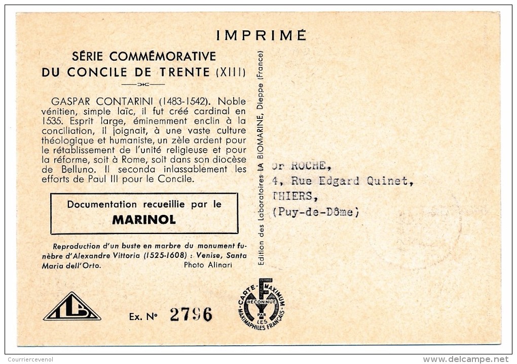 VATICAN - Série Commémorative Du Concile De Trente - GASPAR CONTARINI - 1950 - Maximum Cards