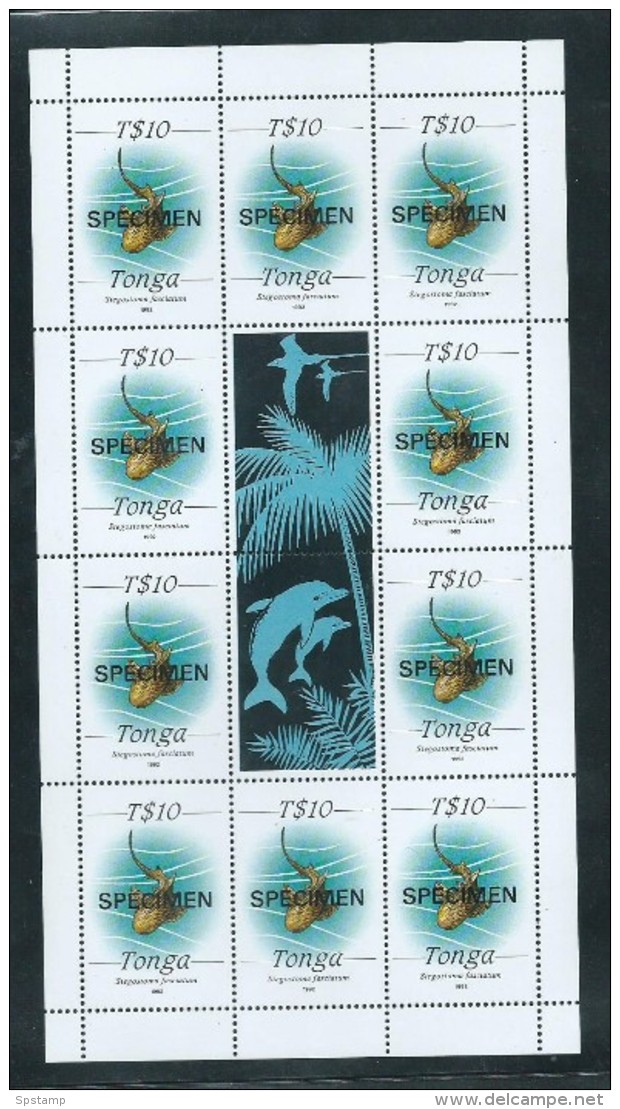Tonga 1992 $10 Shark Definitive Full Sheet Of 10 With 2 Labels Specimen Overprint MNH - Tonga (1970-...)