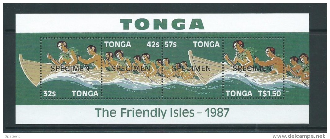 Tonga 1987 Canoe Race Miniature Sheet With Strip Of 4 Values Specimen Overprint MNH - Tonga (1970-...)