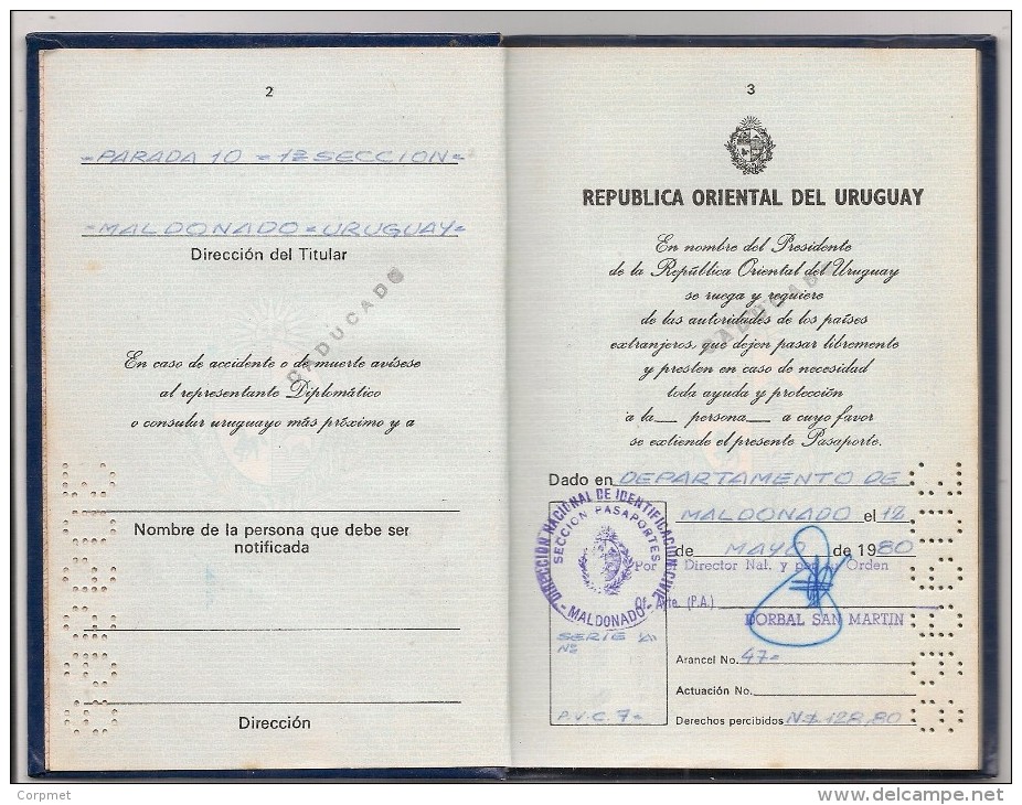 URUGUAY - 1980 PASSPORT - PASSEPORT - UK MODEL- Vf JUGOSLAVIJA - PORTUGAL - ROYAUME Du MAROC - VISAS And REVENUES STAMPS - Historical Documents