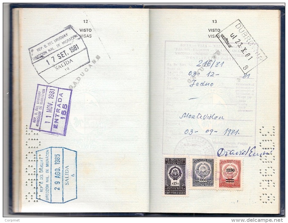 URUGUAY - 1980 PASSPORT - PASSEPORT - UK MODEL- Vf JUGOSLAVIJA - PORTUGAL - ROYAUME Du MAROC - VISAS And REVENUES STAMPS - Historical Documents