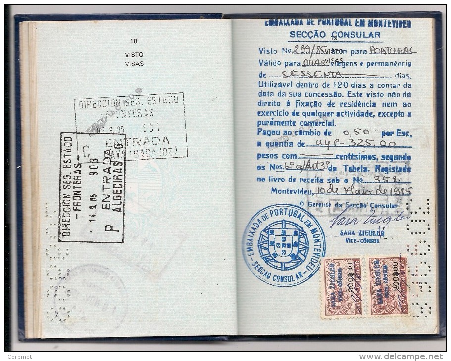 URUGUAY - 1980 PASSPORT - PASSEPORT - UK MODEL- vf JUGOSLAVIJA - PORTUGAL - ROYAUME du MAROC - VISAS and REVENUES STAMPS