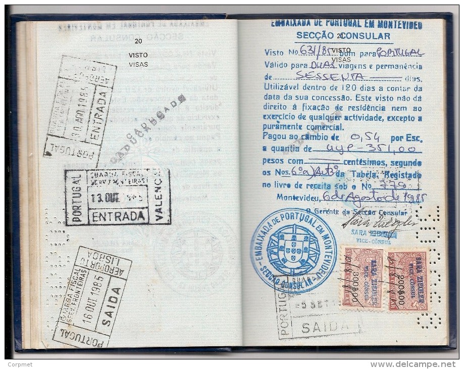URUGUAY - 1980 PASSPORT - PASSEPORT - UK MODEL- vf JUGOSLAVIJA - PORTUGAL - ROYAUME du MAROC - VISAS and REVENUES STAMPS