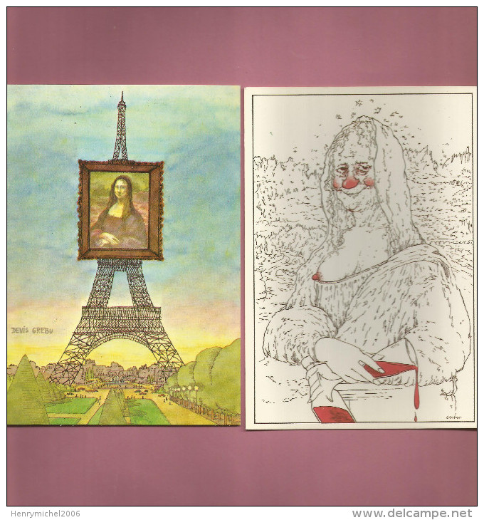 Lot 2 Cpm La Joconde Le Vin Dessin De Soulas Ed André Grenoble Et La Tour Mona Effeil Paris De Devis Grebu - Autres & Non Classés