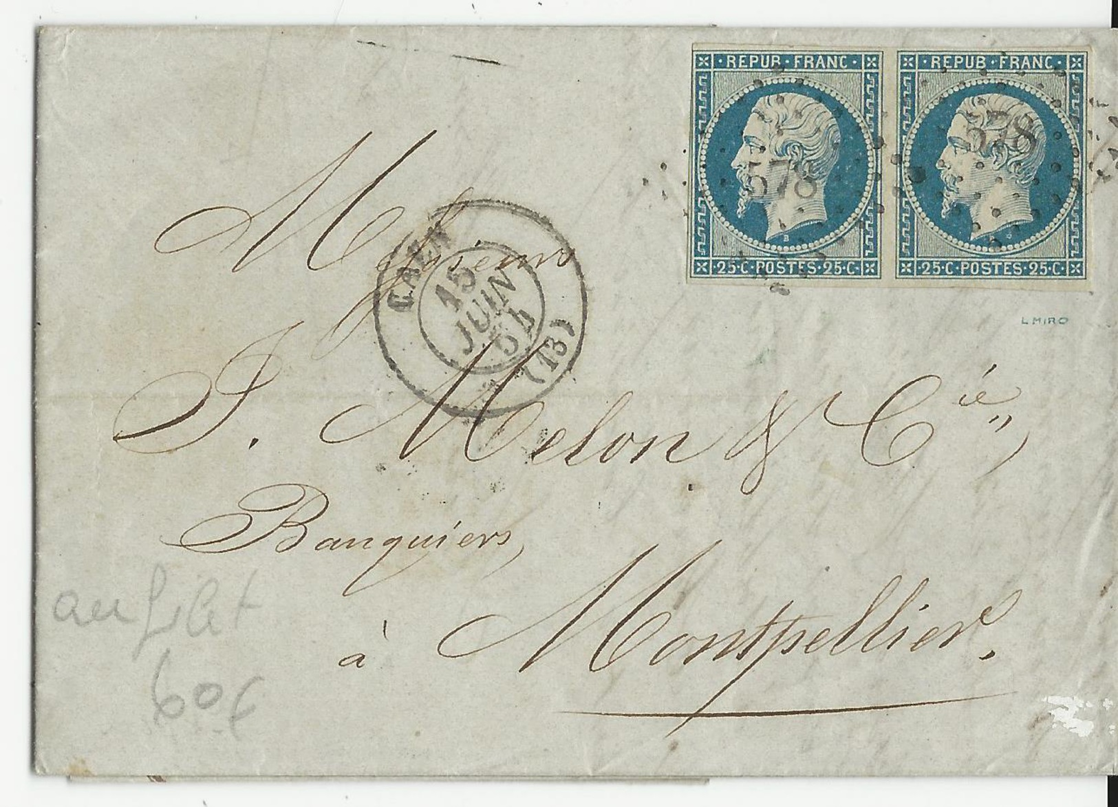 1854 - CALVADOS - 25c REPUBLIQUE En PAIRE Sur LETTRE De CAEN Pour MONTPELLIER - 1849-1876: Classic Period