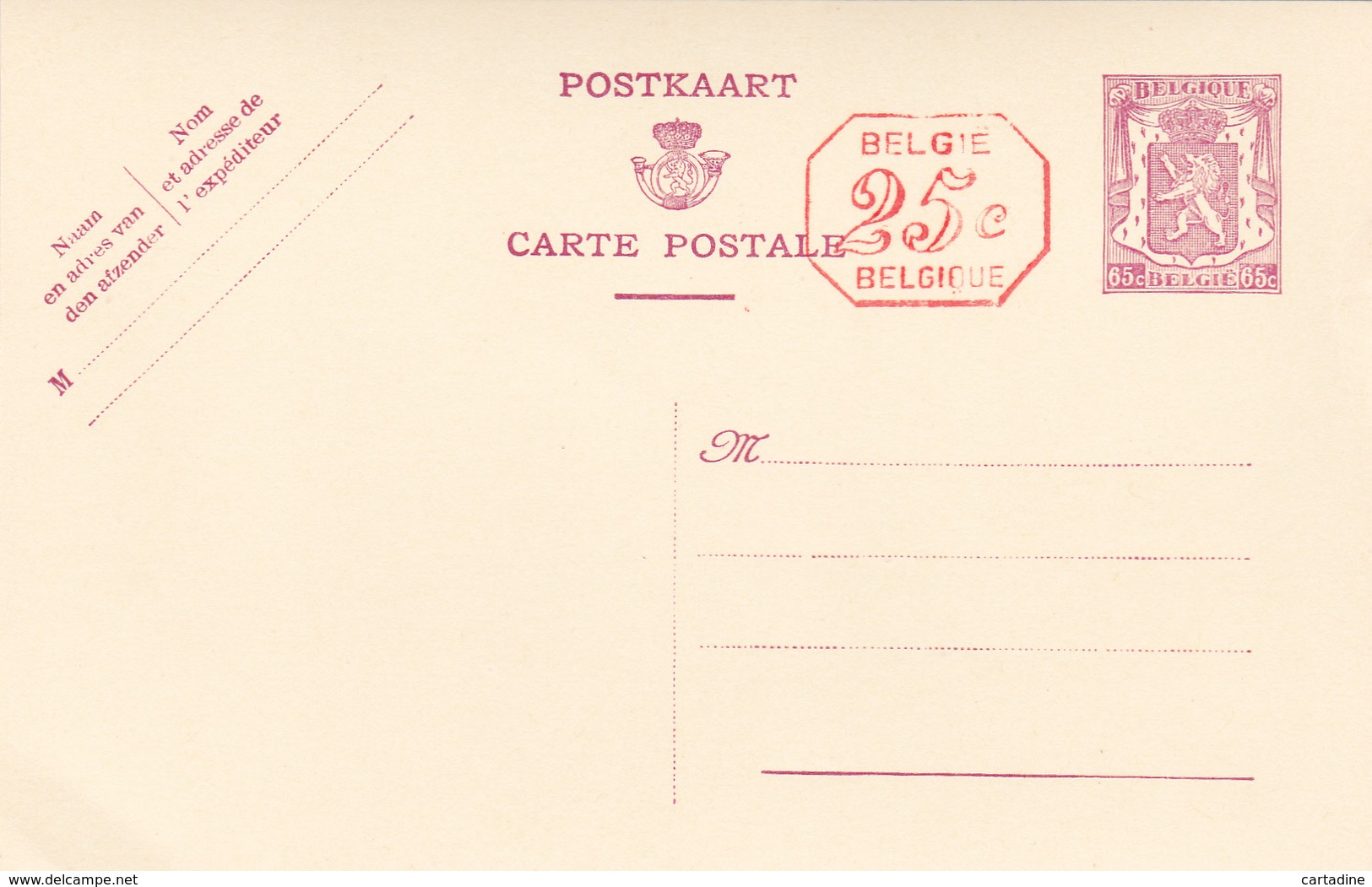 CP N° 126 - 65c Mauve - M1 25c Rouge  - Etat Neuf - NL/FR - Cartes Postales 1934-1951