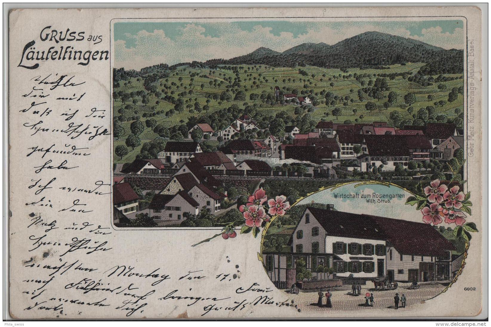 Gruss Aus Läufelfingen - Wirtschaft Zum Rosengarten Wilh. Strub, Bahn - Farbige Litho Gebr. Metz No. 6902 - Läufelfingen