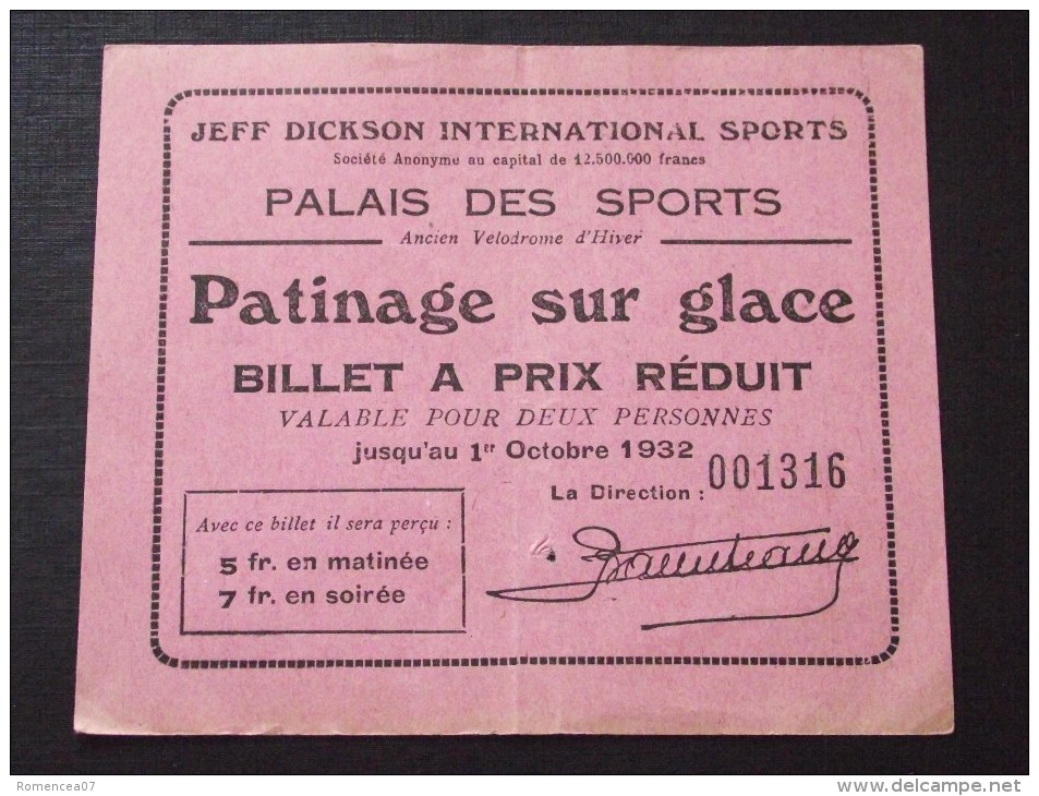 PALAIS Des SPORTS (Paris) - Billet à Prix Réduit - PATINAGE Sur GLACE - Pour Deux Personnes - 1er Octobre 1932 - A Voir! - Toegangskaarten