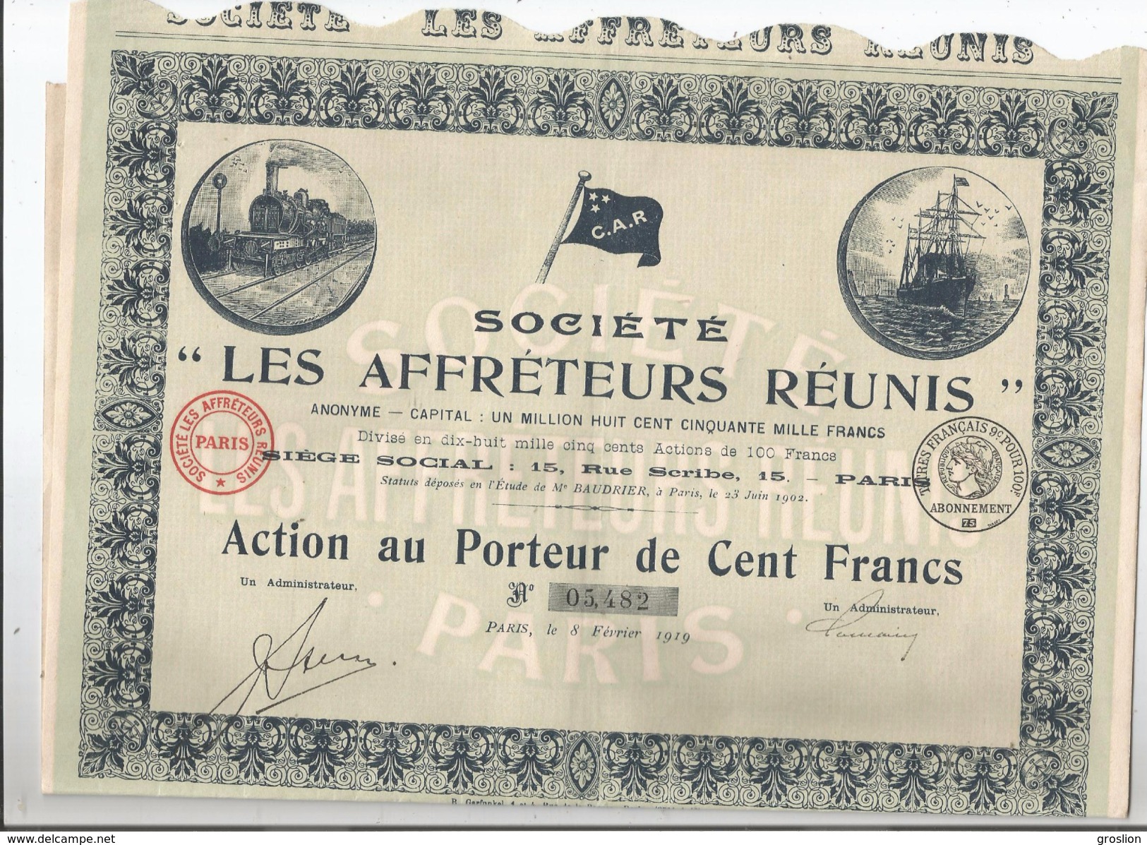 ACTION DES AFFRETEURS REUNIS PARIS 1919 (ILLUSTRATION TRAIN  DRAPEAU ET BATEAU) - Verkehr & Transport