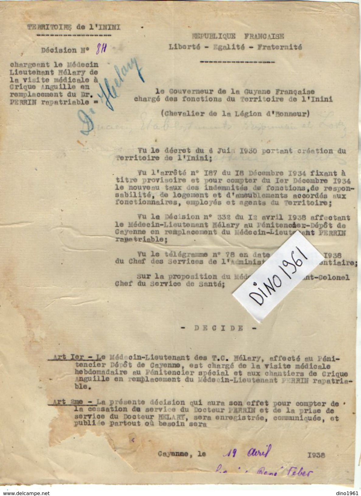 VP6391 - Colonies Française - CAYENNE - GUYANE - Lettre Du Gouverneur - Hopital Pénitenciaire De SAINT LAURENT - Documents Historiques