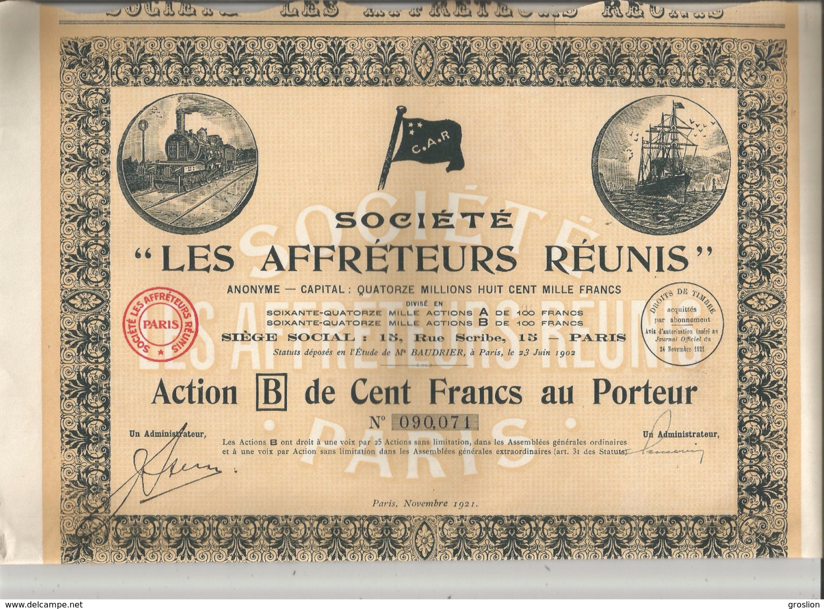 ACTION DE CENT FRANCS AU PORTEUR DES AFFRETEURS REUNIS PARIS 1921 (ILLUSTRATION TRAIN DRAPEAU ET BATEAU) - Trasporti