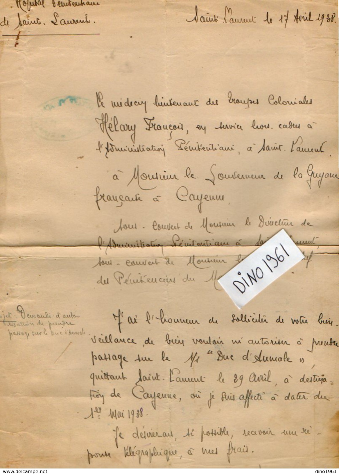 VP6392 - Colonies Française - CAYENNE - GUYANE - Lettre Du Médecin HELARY- Hopital Pénitenciaire De SAINT LAURENT - Documents Historiques