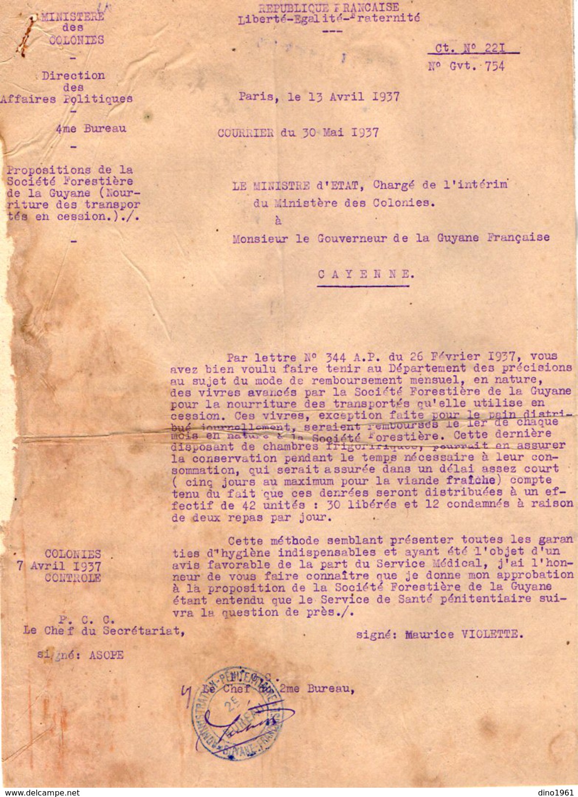 VP6408 - Colonies Française - PARIS - Lettre Du Ministre D'Etat  à Mr Le Gouverneur De La GUYANE Française à CAYENNE - Documents Historiques