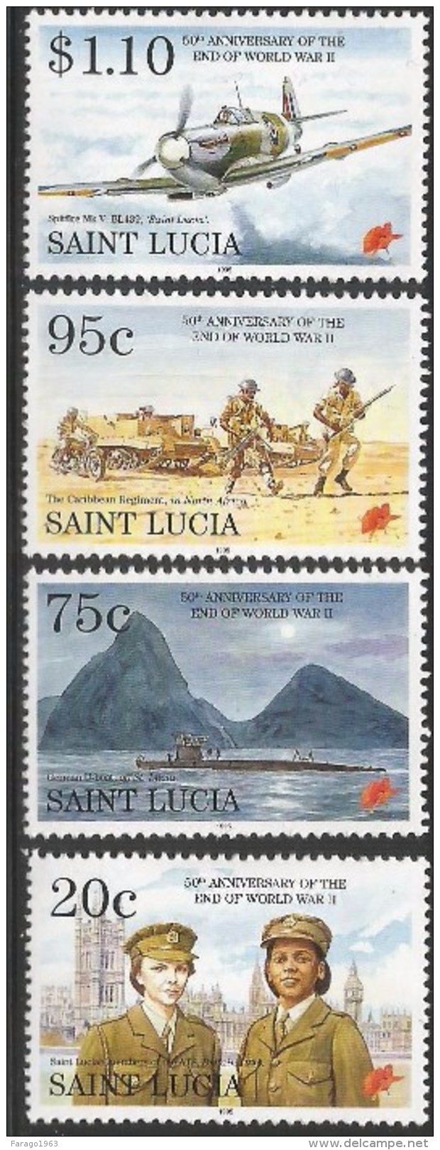 1995 St. Lucia End Of World War II U-boat Submarine Complete Set Of 4  MNH - St.Lucia (1979-...)