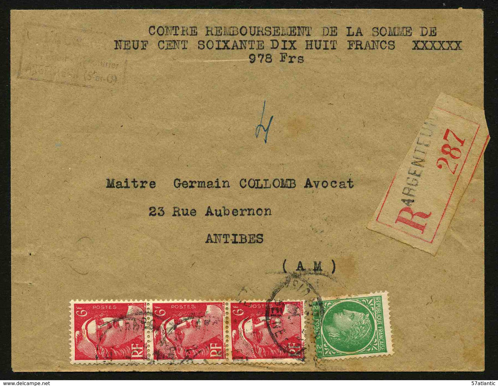 FRANCE - YT 721Aa MECHES RELIEES DANS BANDE DE 3 TIMBRES SUR LETTRE - Lettres & Documents