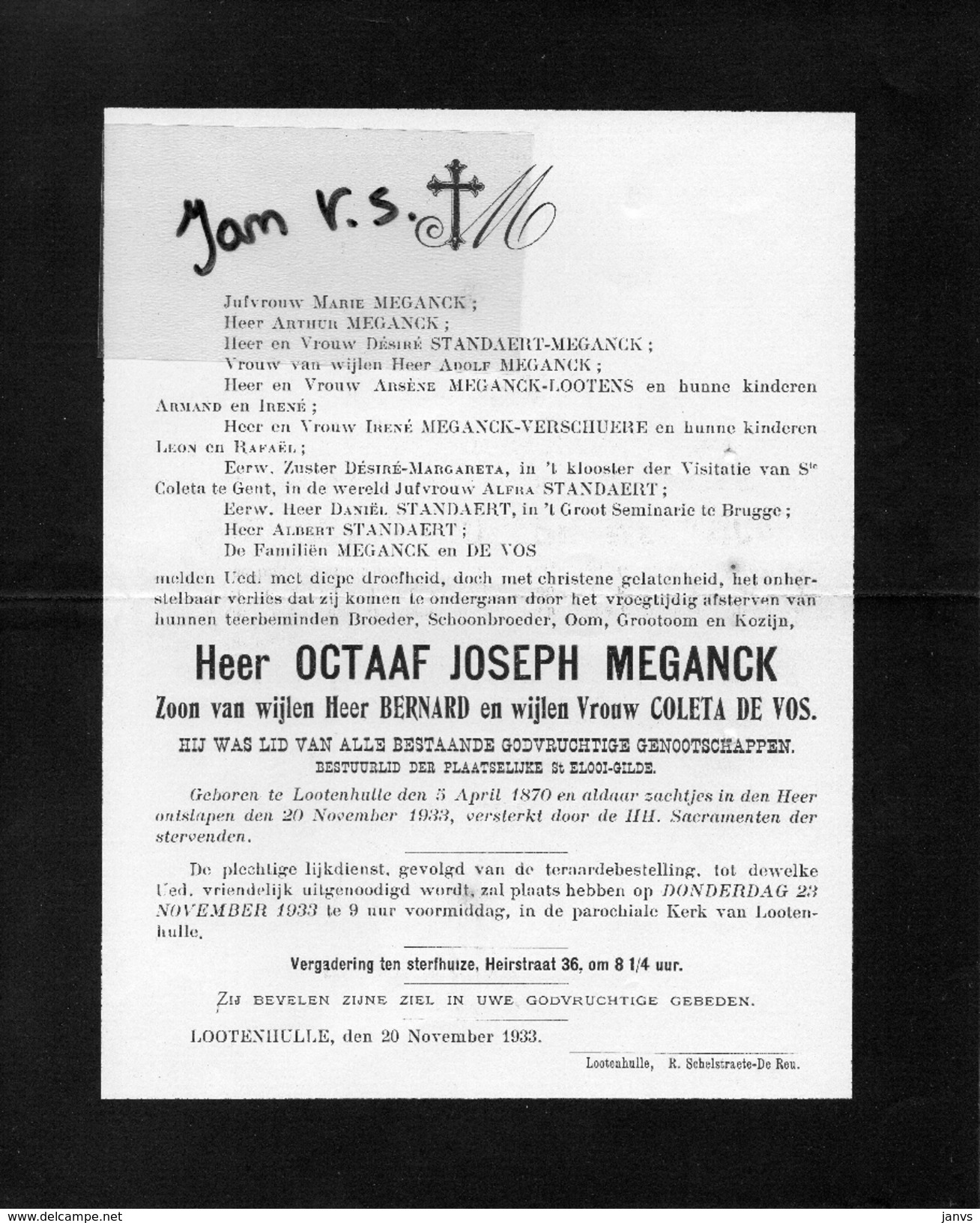 Devotie Doodsbrief Rouwbrief - Octaaf Joseph Meganck - Lotenhulle 1870 - 1933 - Décès