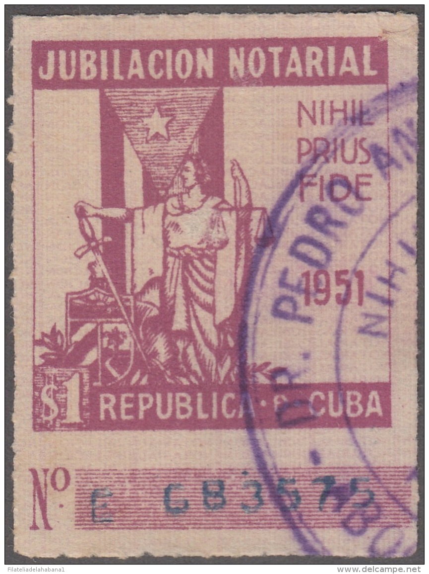 REP-132 CUBA REPUBLICA 1951. REVENUE. 1$ JUBILACION NOTARIAL USADO. - Portomarken