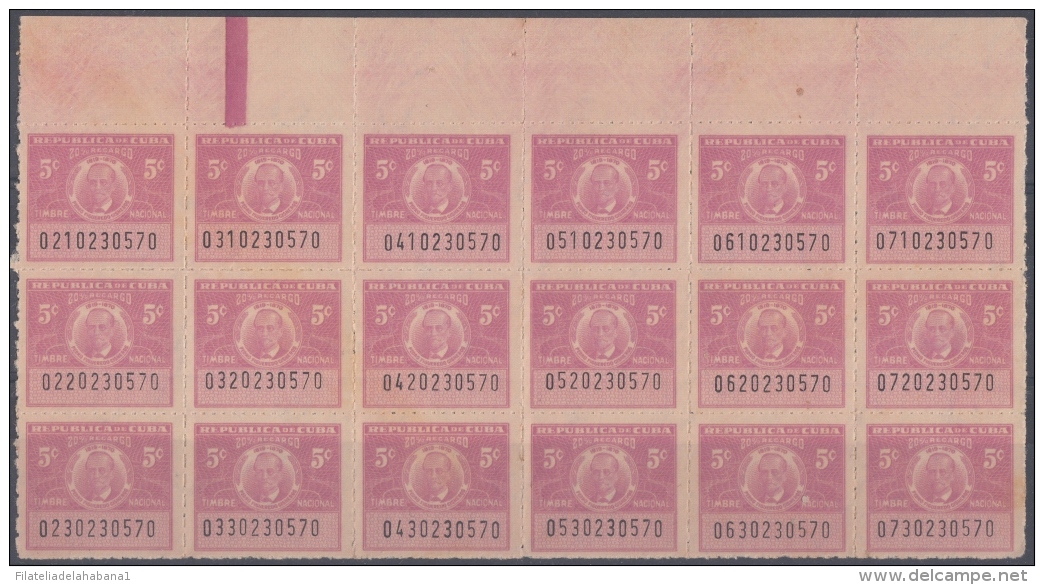 REP-140 CUBA REPUBLICA 1958. REVENUE. TIMBRE NACIONAL. 5c PEDRO FIGEREDO. BLOCK 18. UNUSED. - Portomarken