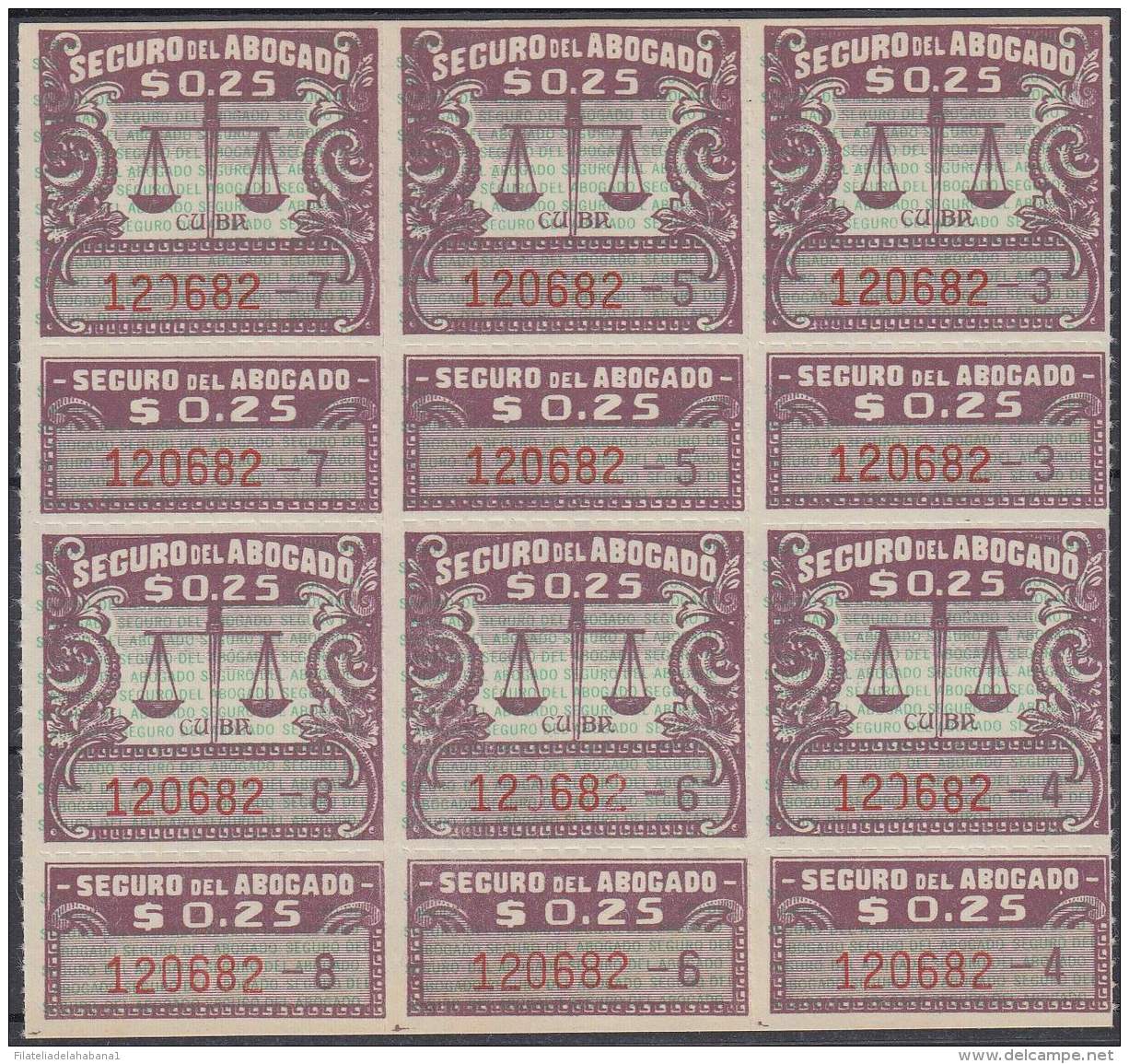 REP-144 CUBA REPUBLICA 1940-50. REVENUE. SEGURO DE ABOGADOS. LAWYER INSURANCE. 25c BLOCK 6. ORIGINAL GUM. - Timbres-taxe