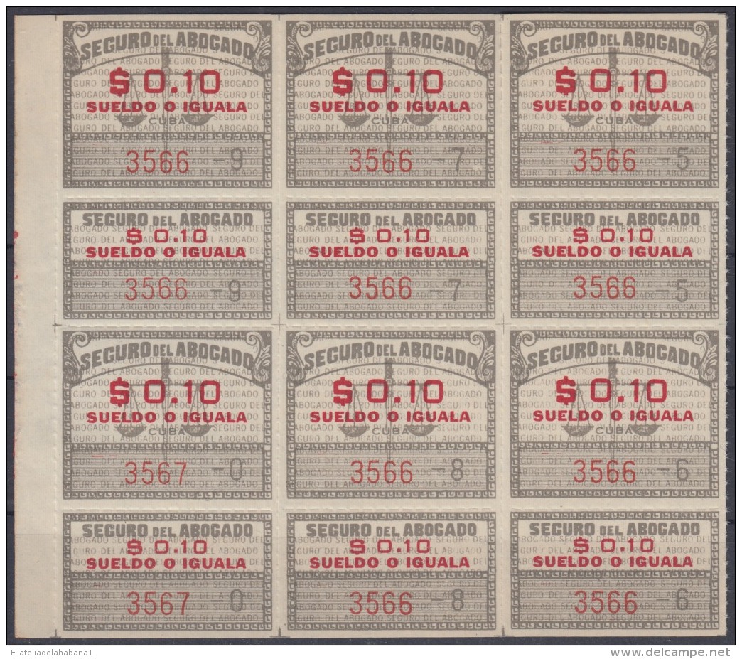 REP-155 CUBA REPUBLICA 1950. REVENUE. SEGURO DE ABOGADOS. LAWYER INSURANCE. 10c BLOCK 8. ORIGINAL GUM. - Timbres-taxe