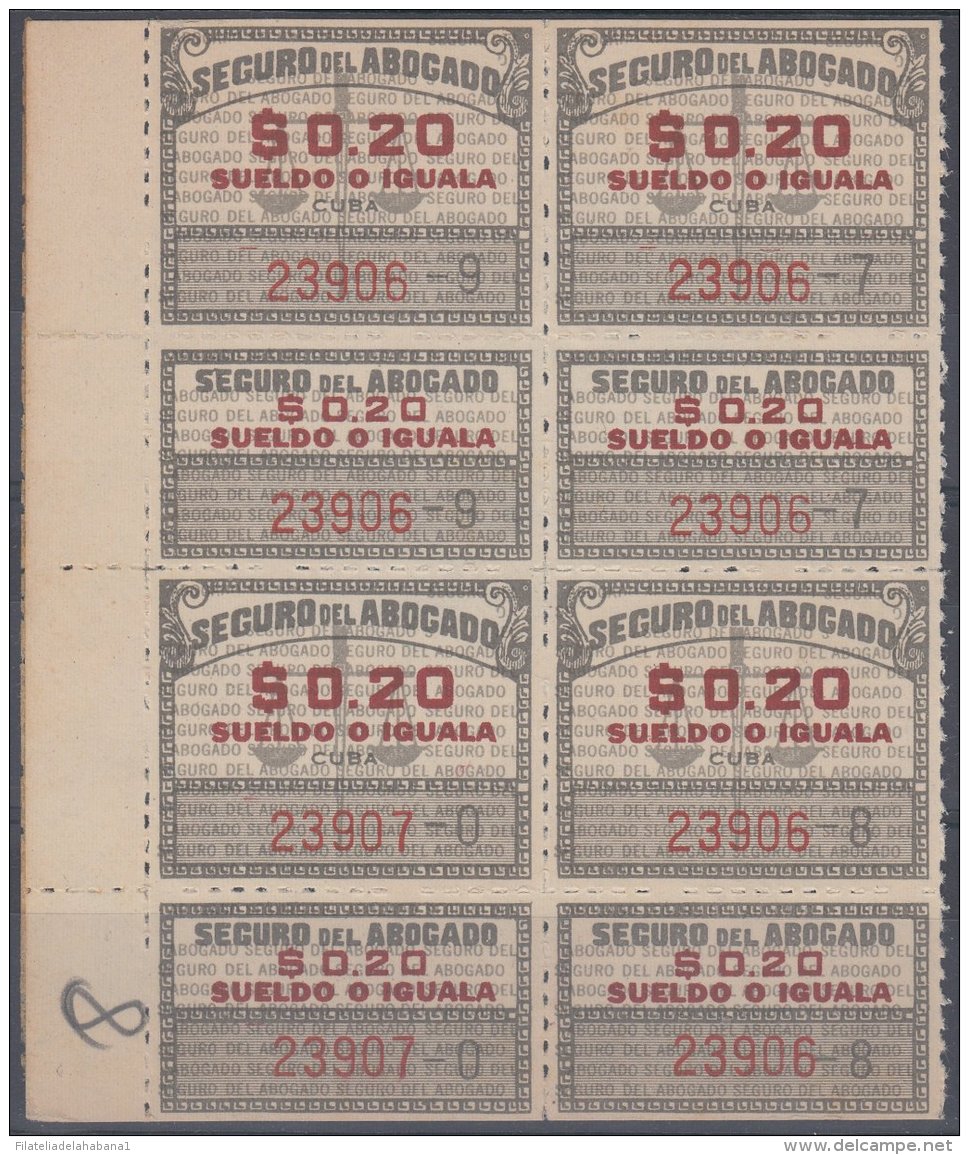 REP-156 CUBA REPUBLICA 1950. REVENUE. SEGURO DE ABOGADOS. LAWYER INSURANCE. 20c BLOCK 4. ORIGINAL GUM. - Portomarken