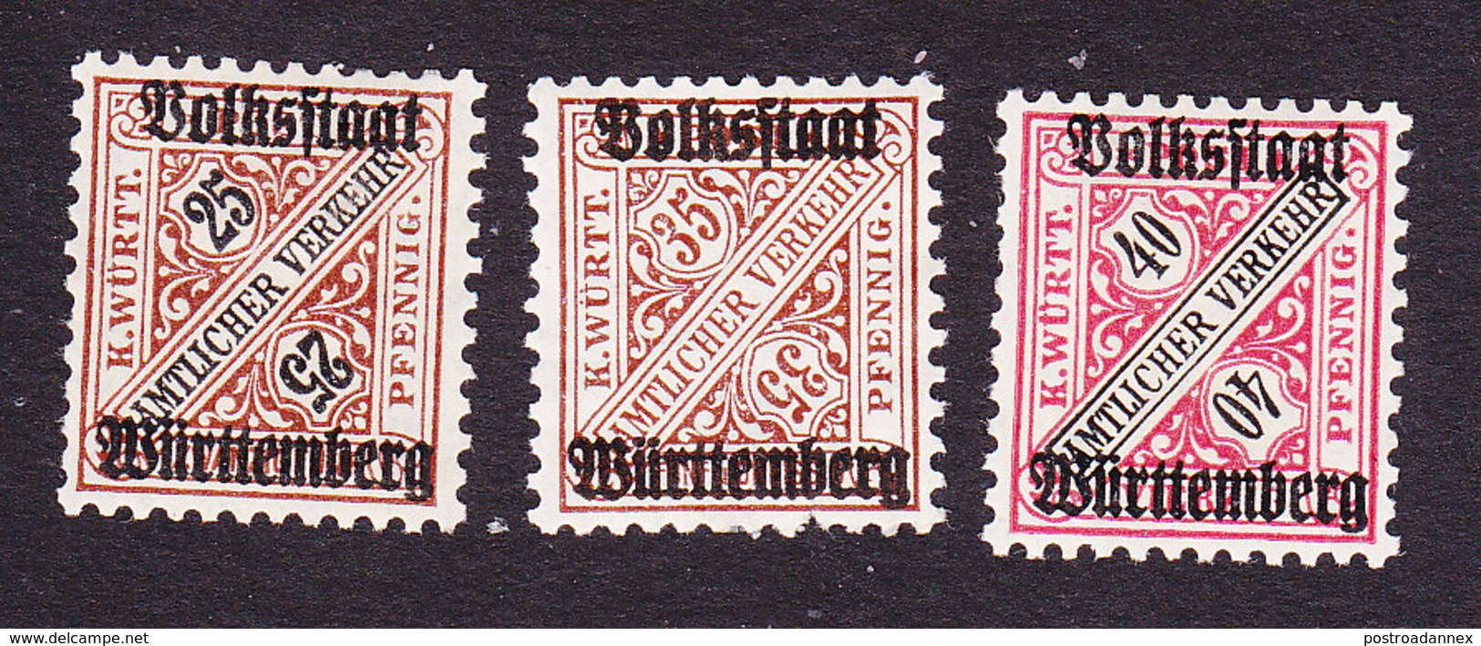Wurttemberg, Scott #O157, O159-O160, Mint Hinged, Number Overprinted, Issued 1919 - Autres & Non Classés