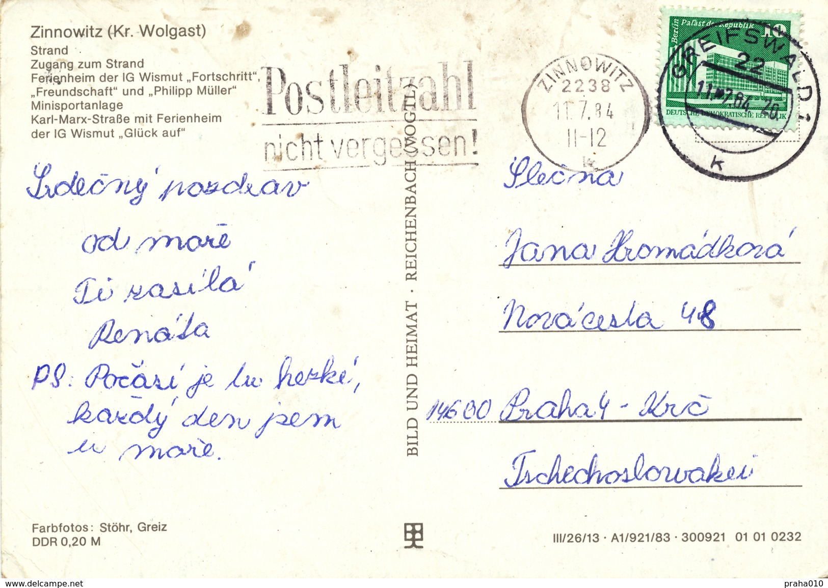 L1404 - DDR (1984) 22 Greifswald 1 / 2238 Zinnowitz: Do Not Forget Your Postcode! (postcard: Zinnowitz); Tariff: 10 Pf. - Code Postal
