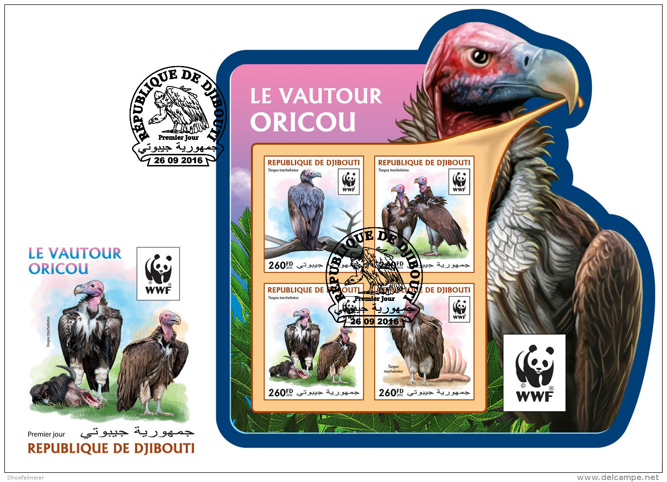 DJIBOUTI 2016 FDC WWF Lapped-faced Vulture Ohrengeier Vautour M/S - IMPERFORATED - A1646 - FDC