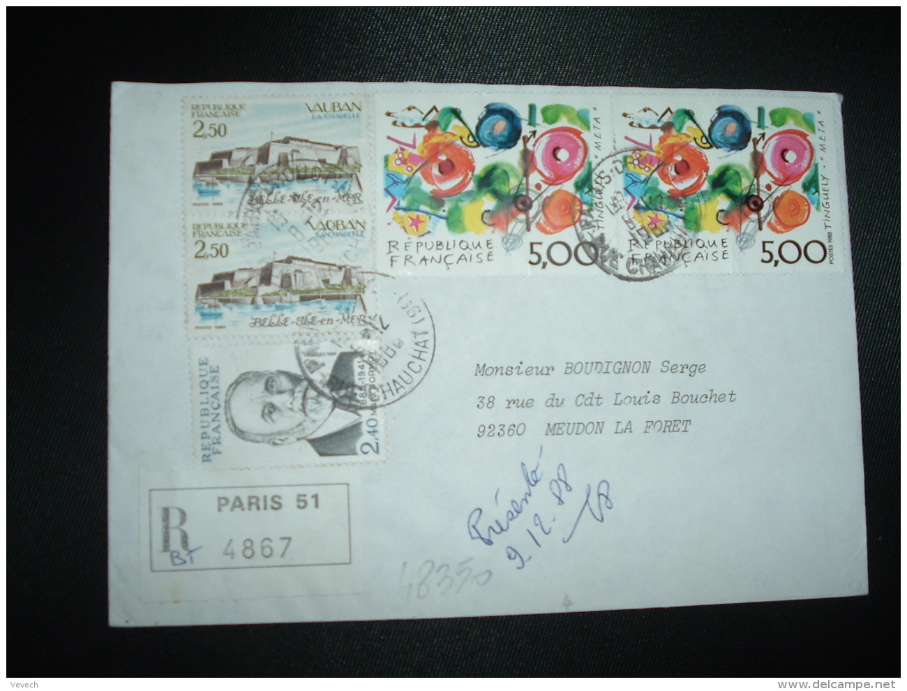 LR TP TINGUELY 5,00 X2 + VAUBAN 2,50 X2 + DORMOY 2,40 OBL.8-12-1988 PARIS 51 - Tarifs Postaux