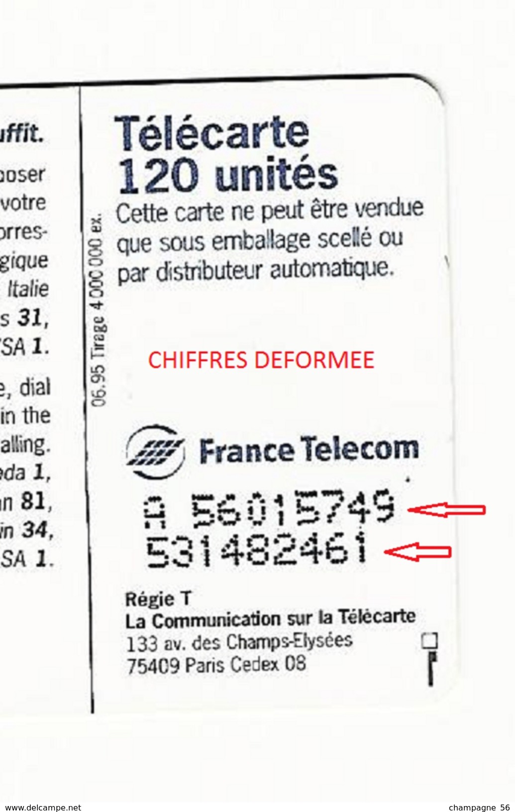 FRANCE 06 / 95 F561 CALL HOME 95  120 U SO3 DN A + 8 N° LASERS 9 CHIFFRES JG  SUR LA 2EME    UTILISÉE - Fehldrucke