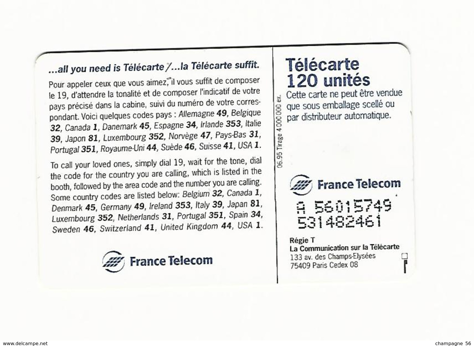 FRANCE 06 / 95 F561 CALL HOME 95  120 U SO3 DN A + 8 N° LASERS 9 CHIFFRES JG  SUR LA 2EME    UTILISÉE - Variétés