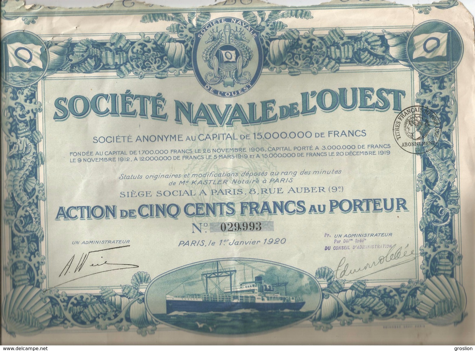ACTION DE LA SOCIETE NAVALE DE L'OUEST PARIS 1920 (ILLUSTRATION BATEAU) - Schiffahrt
