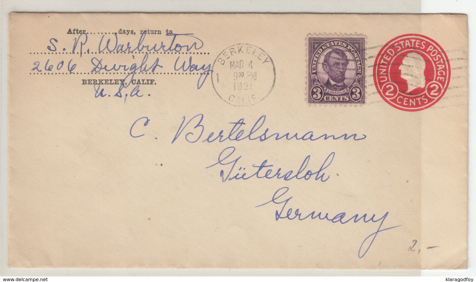 US Postal Stationery Stamped Envelope Travelled 1930 University Of Virginia To Gotha, Germany Bb161110 - 1921-40