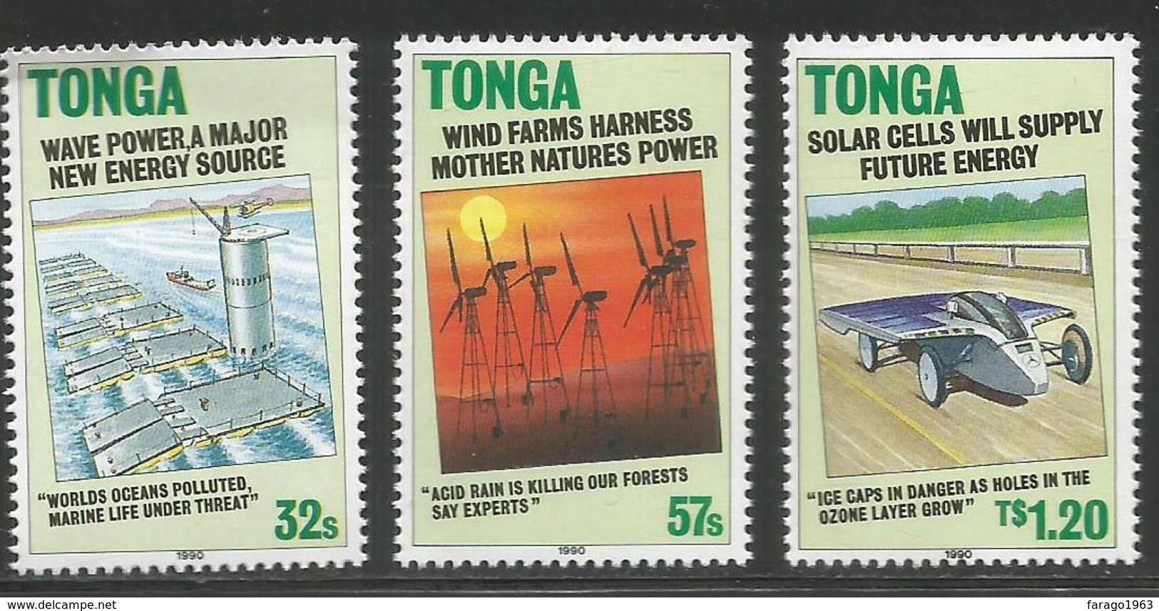 1990 Tonga Green Energy Environment Solar Wind Complete Set Of 3 And Souvenir Sheet MNH - Tonga (1970-...)