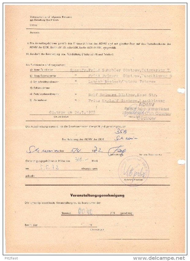 MC Güstrow - Speedway , Anmeldung DDR-Meisterschaft 1972 , Reimers , Suhrbier ,  Motorsport , ADMV , Mecklenburg !!! - Guestrow