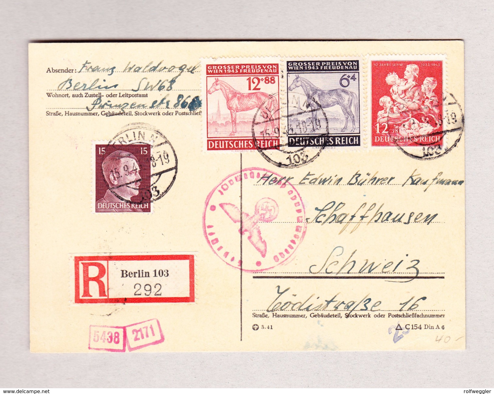 DR BERLIN N 15.9.1943 Zensur Postkarte Nach Schaffhausen - Briefe U. Dokumente