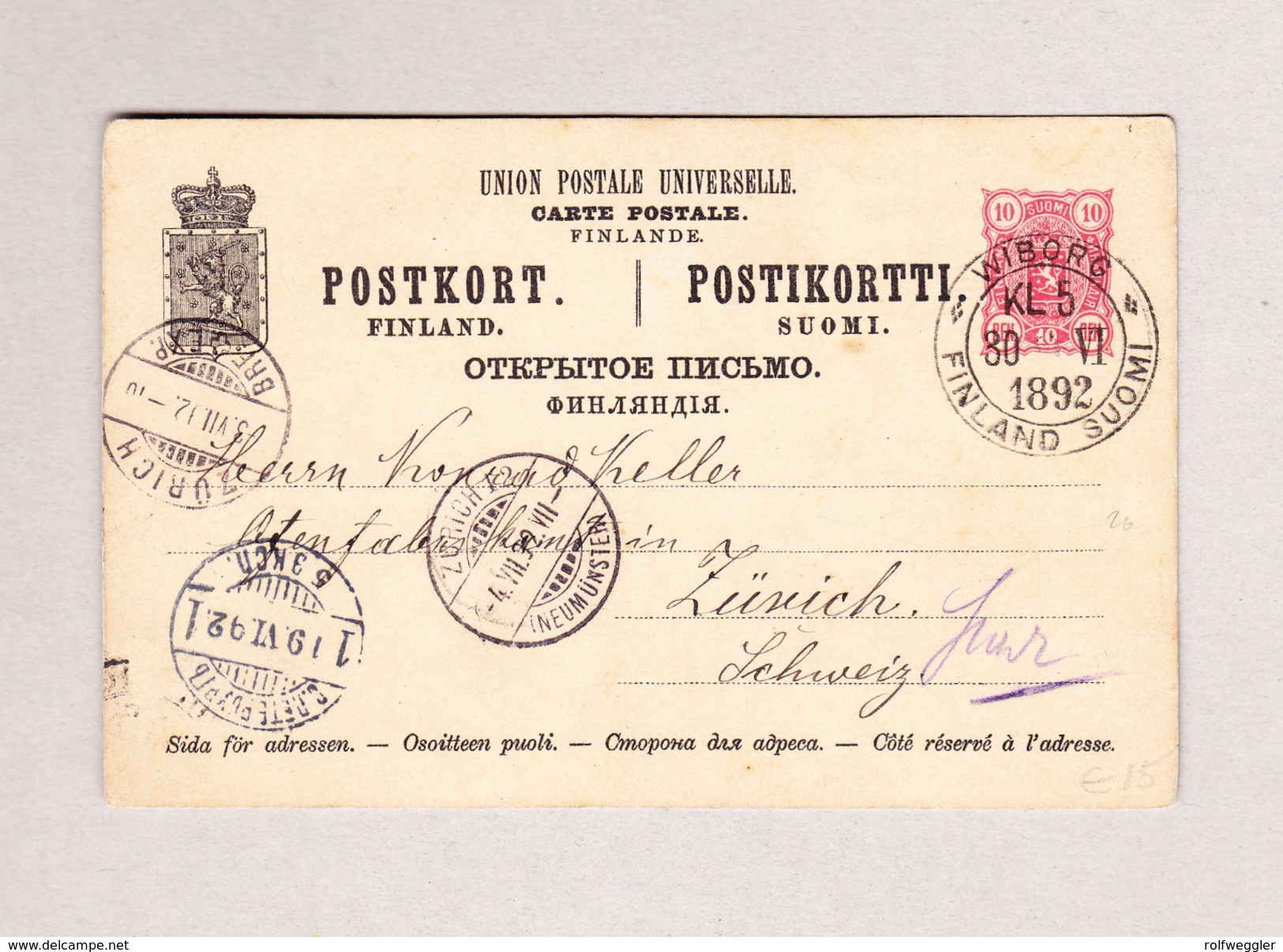 Finnland WIBORG 30.6.1892  Ganzsache Nach Zürich - Entiers Postaux
