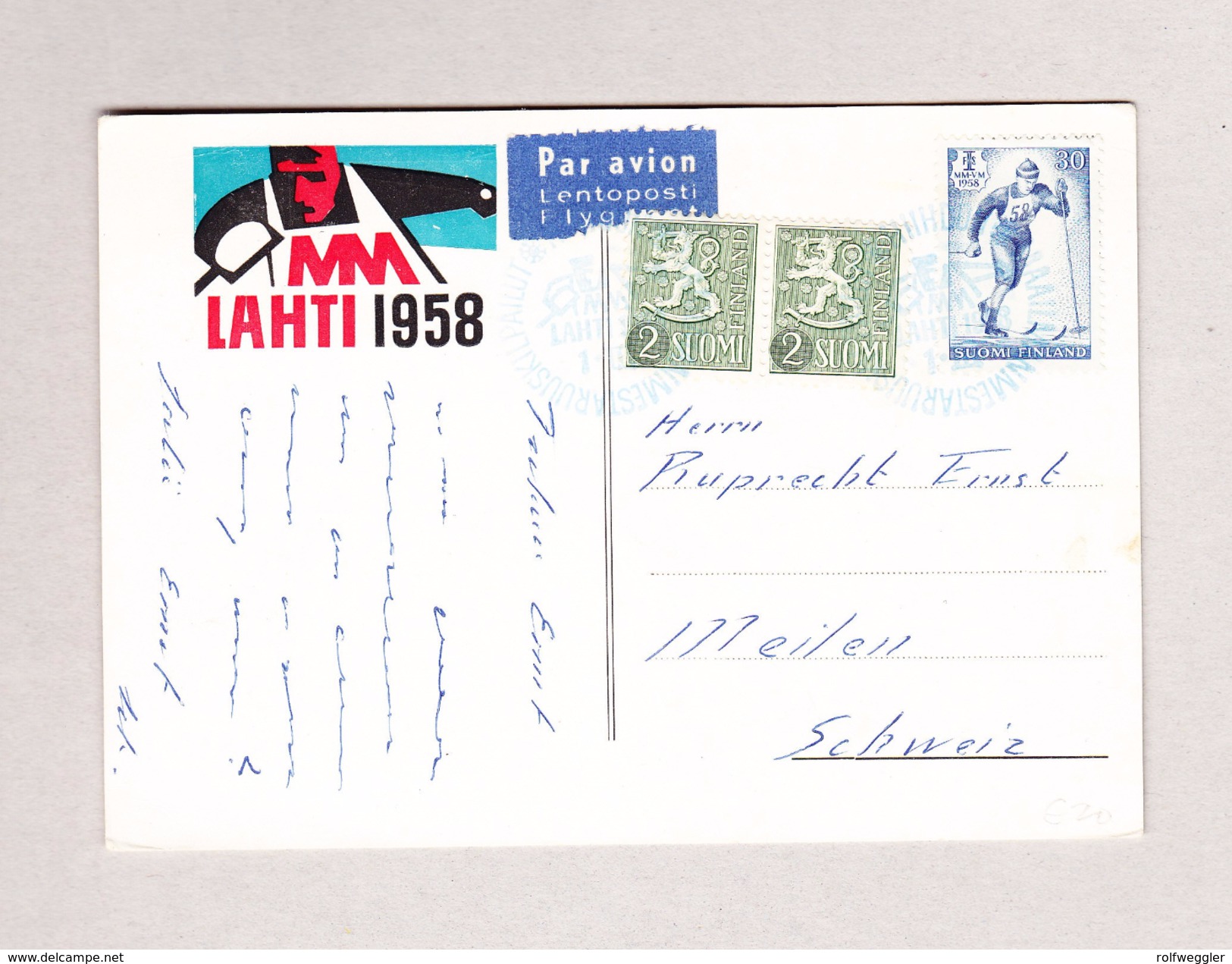 Finnland LAHTI 1958 Blau Postkarte Per Luftpost Nach Meilen Motiv SKI - Lettres & Documents