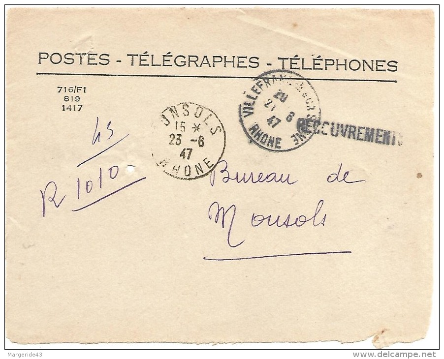 DEVANT DE LETTRE A EN FRANCHISE POUR MONSOLS (RHONE) 1947 - Lettere In Franchigia Civile