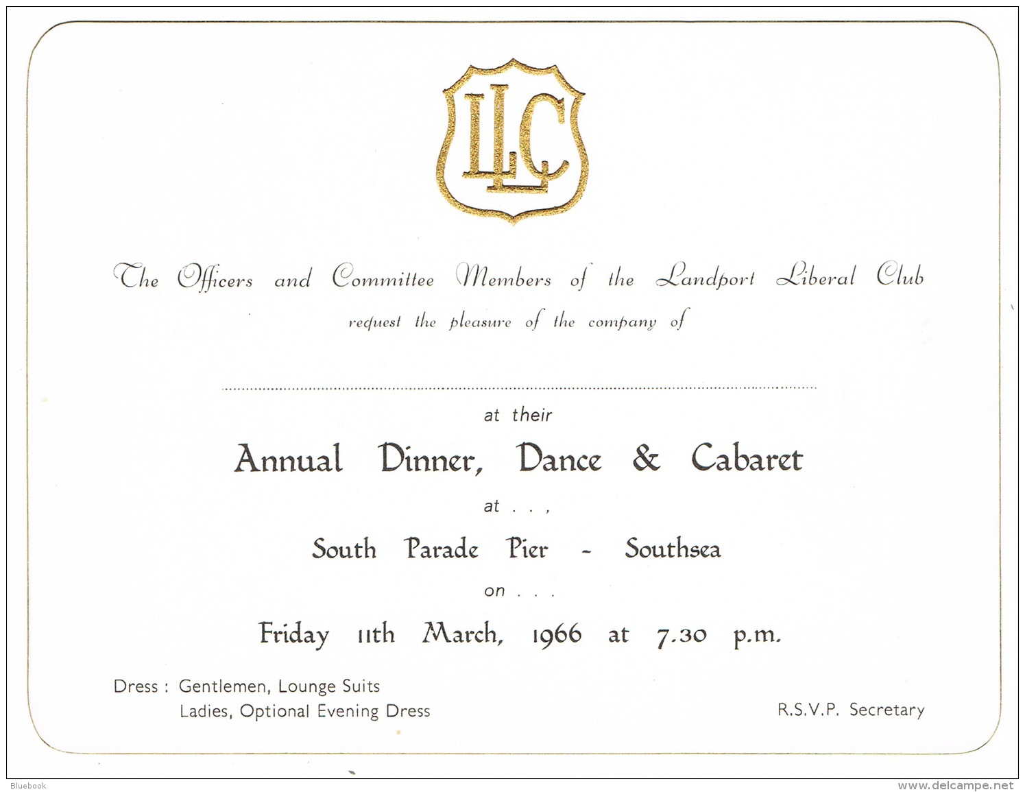 RB 1130 -  1966 Invitation Landport Liberal Club Dinner &amp; Dance - Southsea Portsmouth - Other & Unclassified
