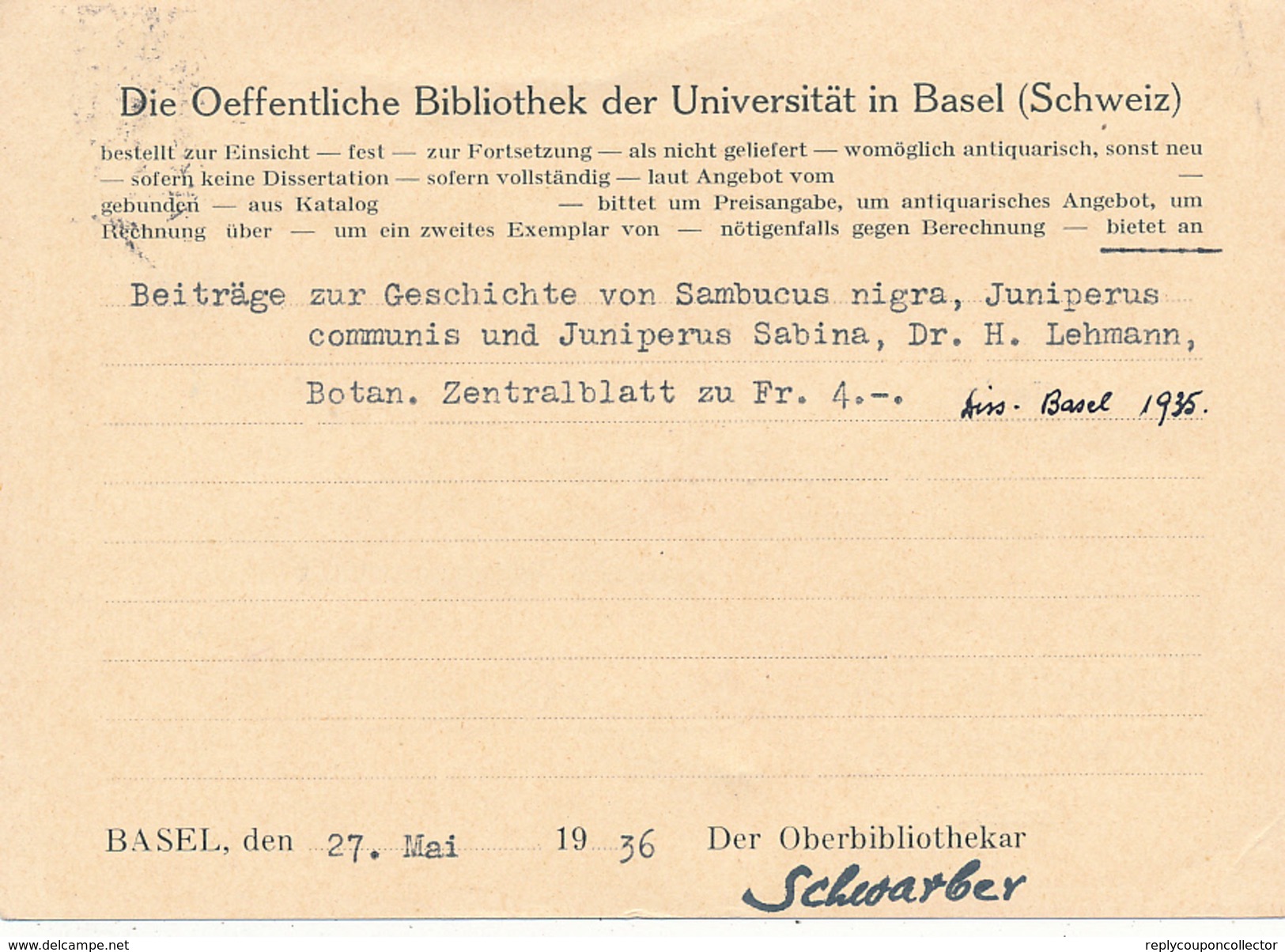 BASEL - 1936 , Bücherzettel Oeffentliche Bibliothek Der Universität Basel - Storia Postale