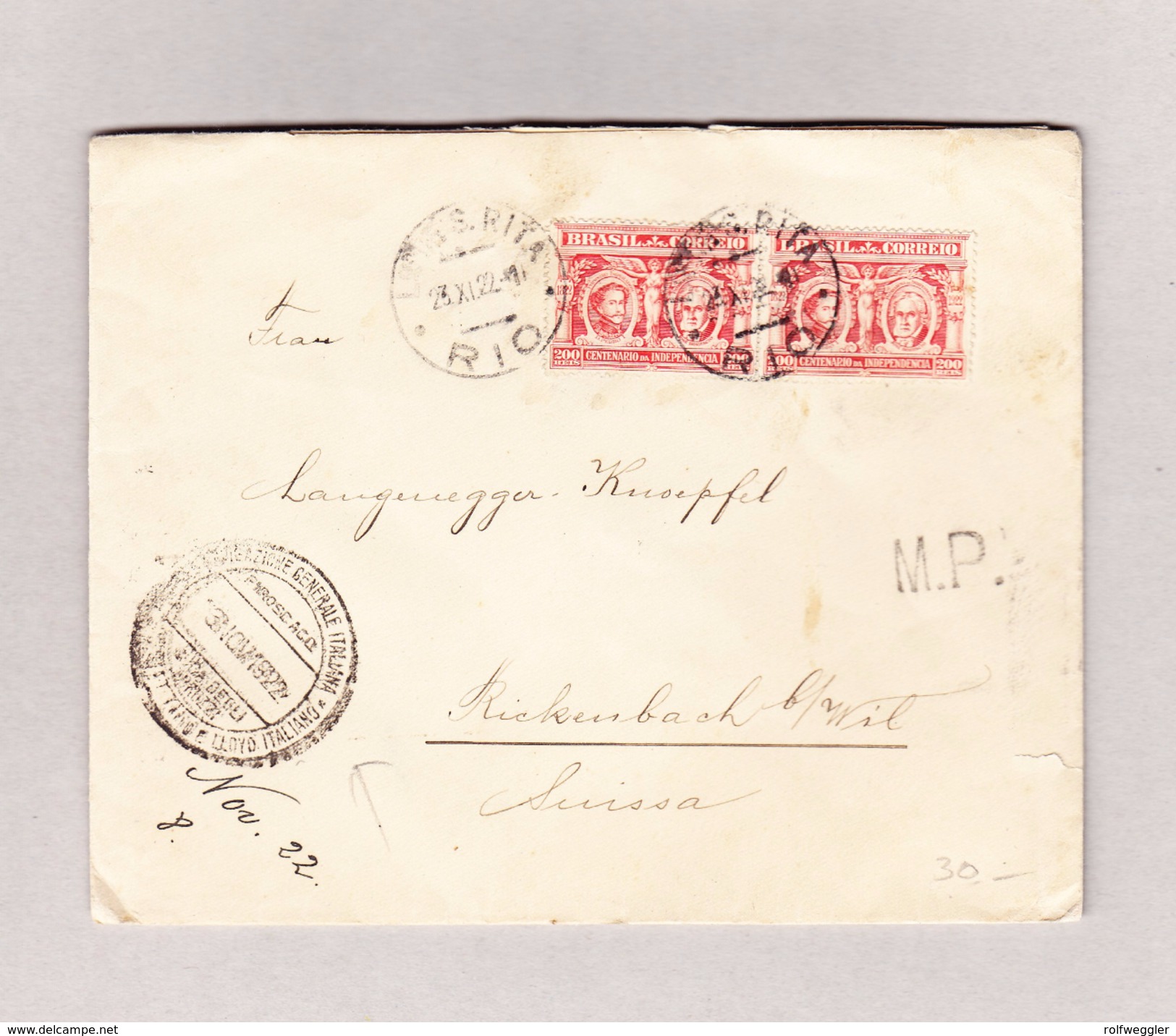 Brasilien RIO 23.11.1922 Brief Nach Rickenbach SG Vermerk MP Und Loydd Italiano Stempel - Lettres & Documents