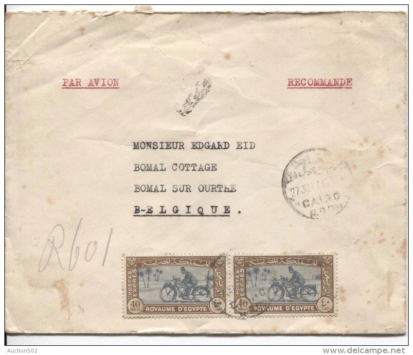 Egypt Registered Air Mail Cover Written From Heliopolis Expres Stamps Postman +Motorcycle C.Cairo 27/6/1947 To Belgium - Lettres & Documents