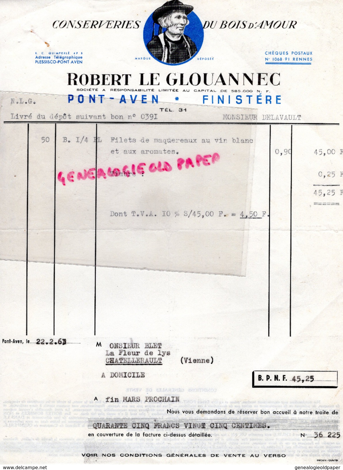 29 - PONT AVEN - BELLE FACTURE ROBERT LE GLOUANNEC- CONSERVERIES DU BOIS D' AMOUR-1963 - 1950 - ...