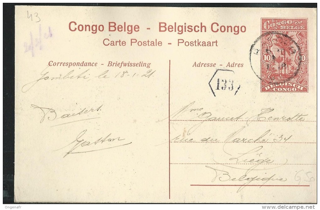 Carte N° 43. Vue: 69. Albertville (Katanga)   Obl: Basako 01/02/1921  Pour Liège - Stamped Stationery