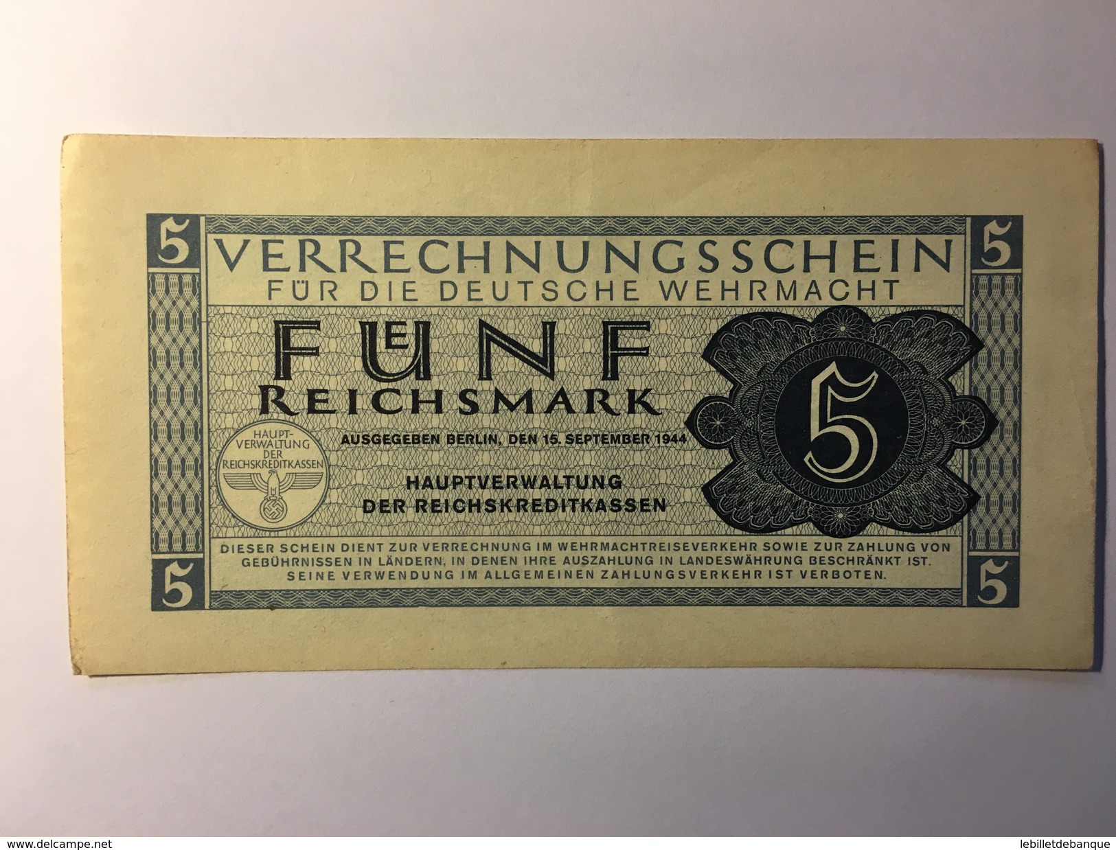 Deutsche Wehrmacht 5 Reichsmark 1944 - Collections