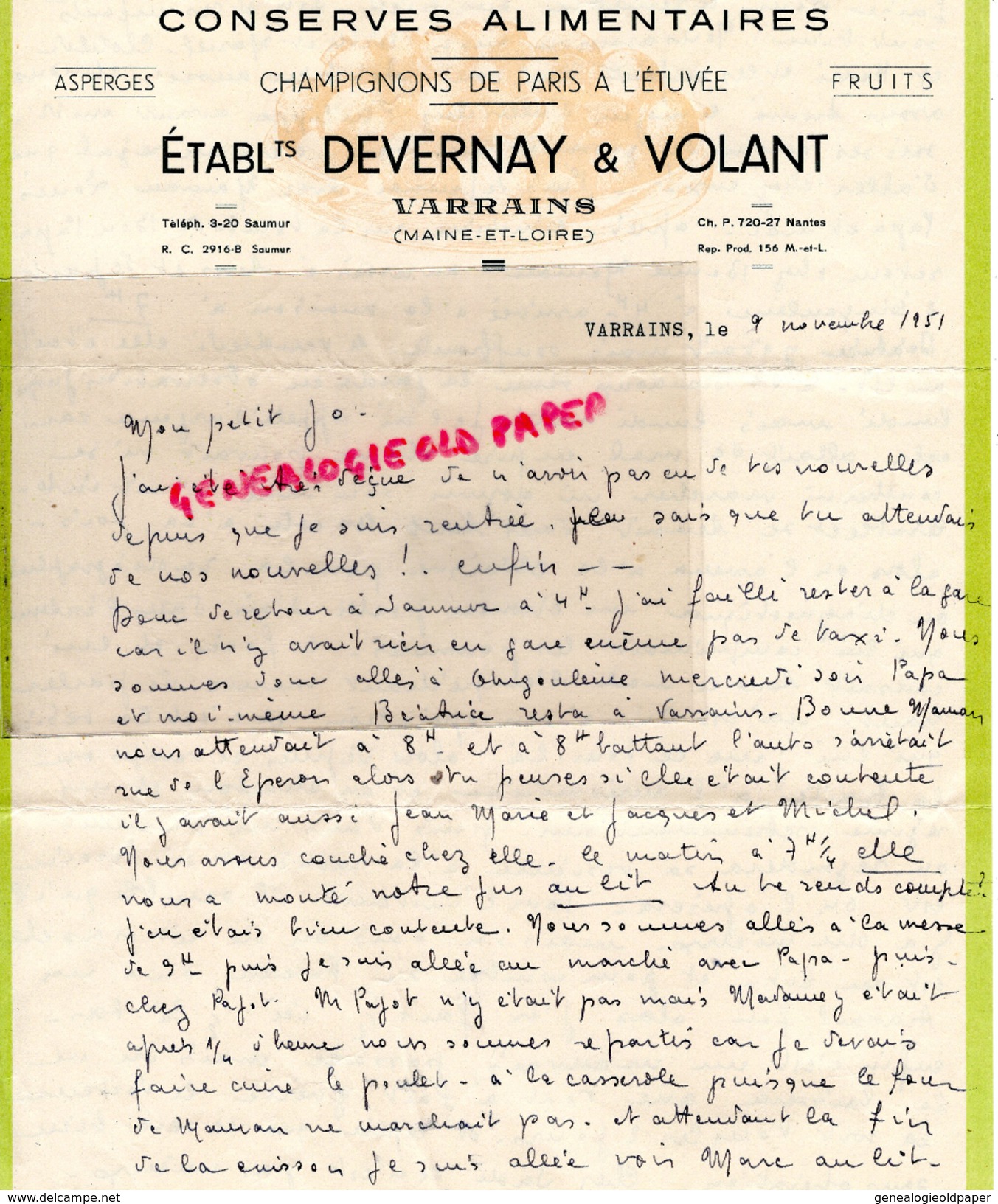 49 - VARRAINS - FACTURE CONSERVES ALIMENTAIRES ETS. DEVERNAY & VOLANT- CHAMPIGNONS DE PARIS A L' ETUVEE-1951 - 1950 - ...