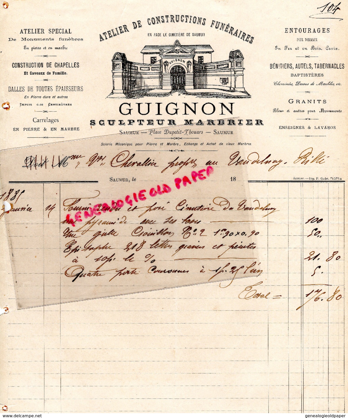 49 - SAUMUR - BELLE FACTURE GUIGNON - SCULPTEUR MARBRIER- ATELIER CONSTRUCTIONS FUNERAIRES- PLACE DUPETIT THOUARS-1885 - 1800 – 1899